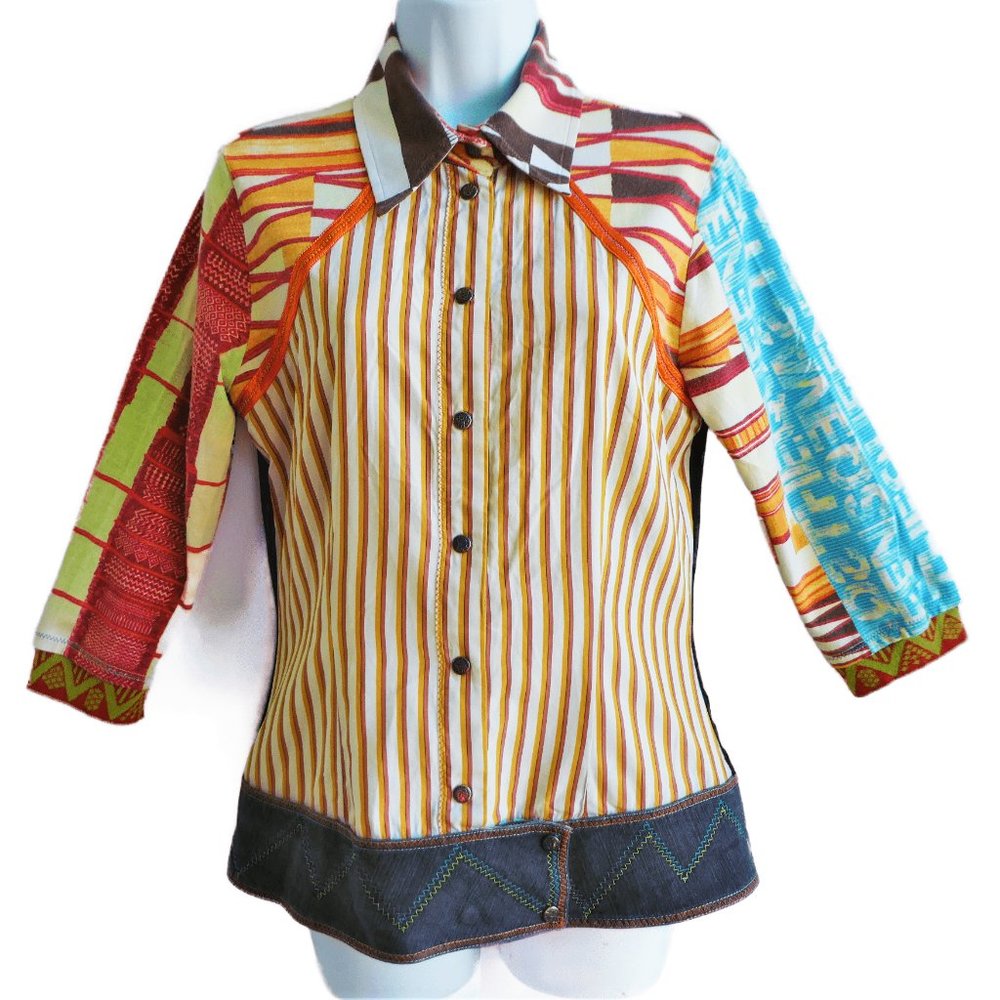 Save the Queen Mixed Blouse Button Artsy Mesh Snap Waistband Eclectic Italy L